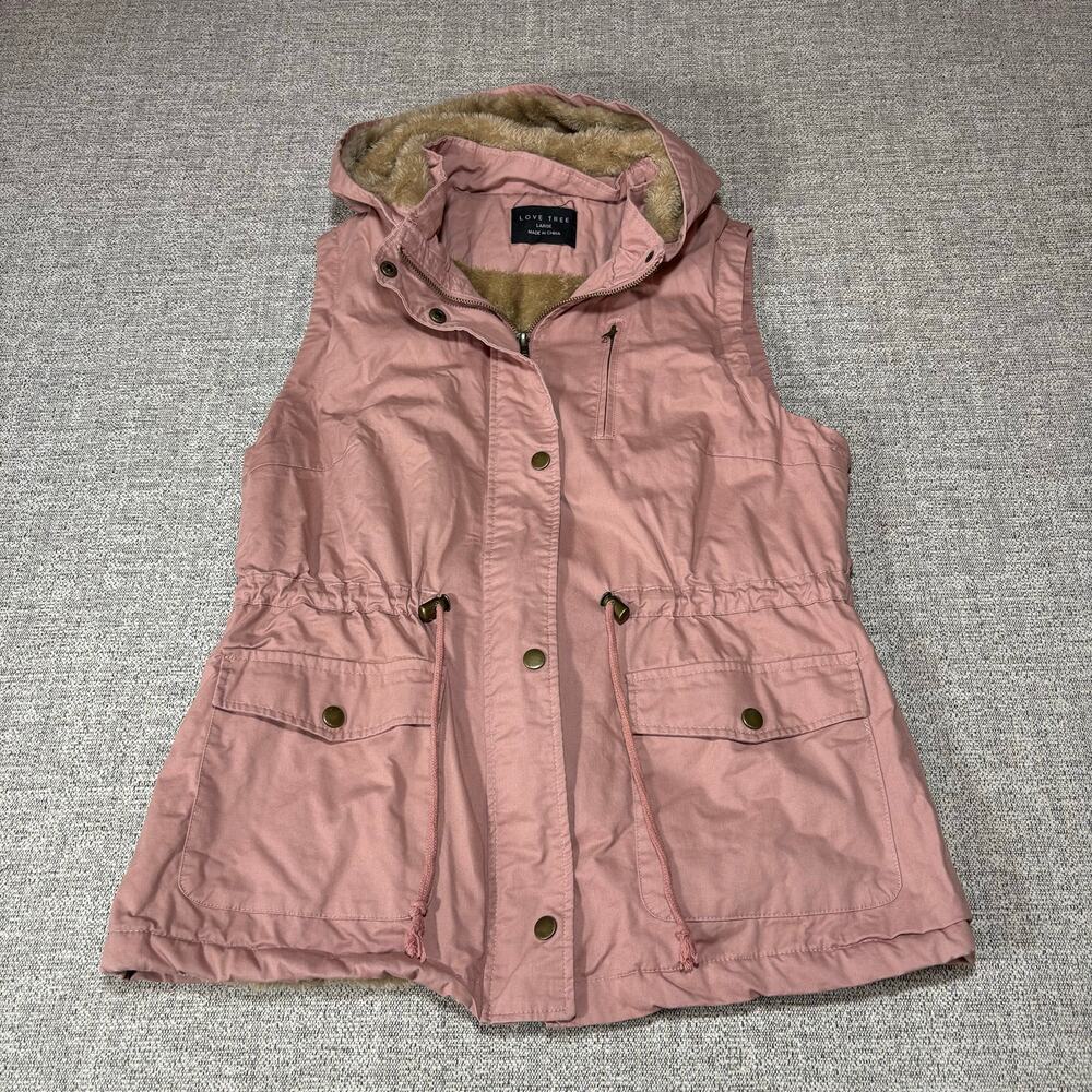Love Tree Pink Vest Sherpa Lined Drawstring Waist & Detachable Hood Size Large - Picture 2 of 7